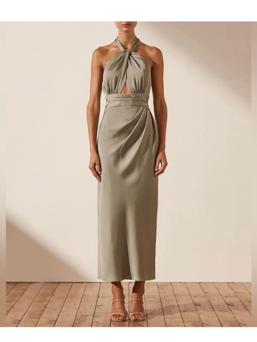 Shona Joy Backless Halter Satin Midi Dress in Sage Green